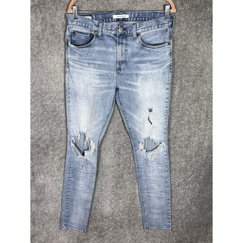 PacSun Stacked Skinny Jeans Mens Size 32x34‎ Blue Stretch Distressed Trashed